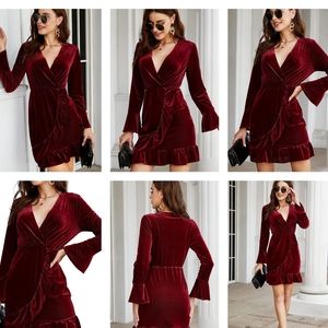 KOJOOIN Wrap V Neck Velvet Ruffle Hem High Waist Mini Dress, Small